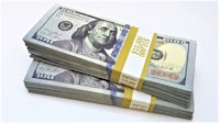 a stack of 100 dollar bills on a white background