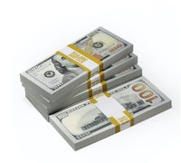 a stack of 100 dollar bills on a white background